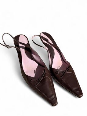 Gianni Bini Brown Genuine Leather Pointed Toe Slingback Bow Kitten Heels Size 9